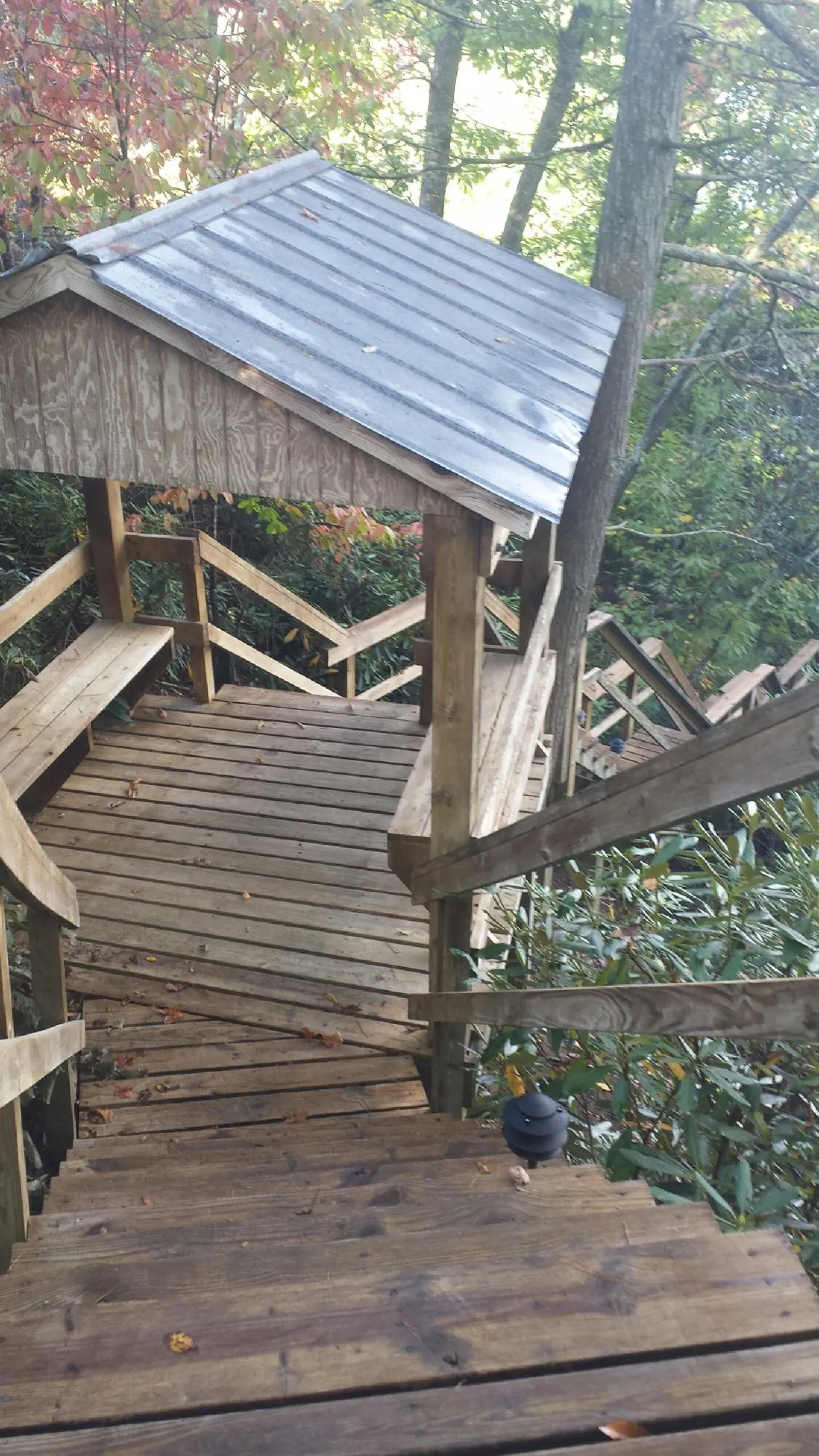 Metal roofed shelter over wooden steps on a wooded walkway — Skylight Repair & Installation work by our crew in Ingleside